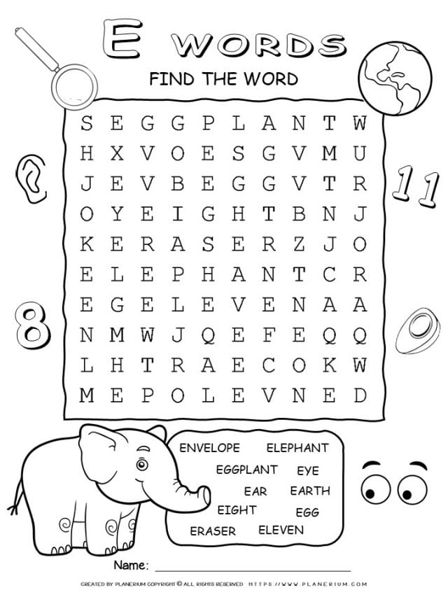 Word Search - Words That Start With E - Ten Words Puzzle | Planerium