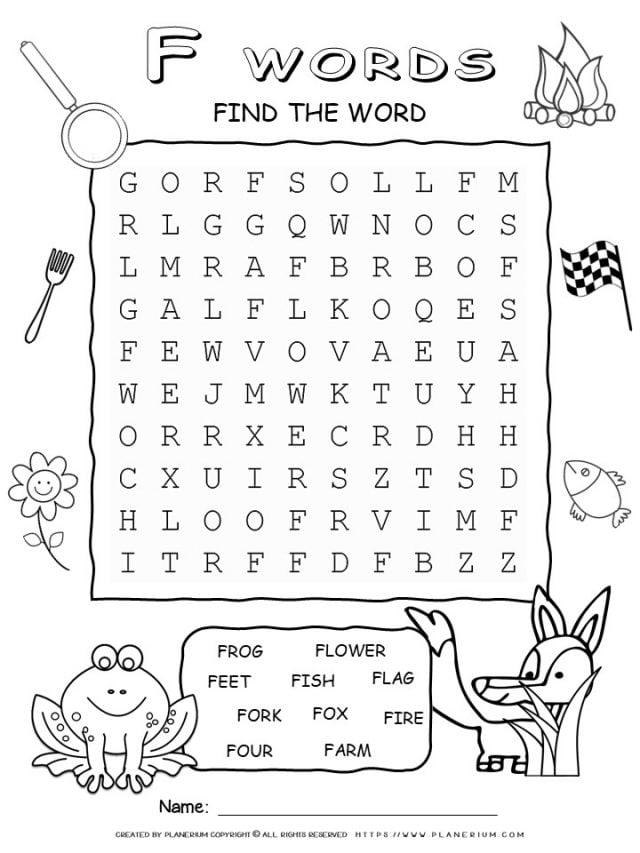Word Search - Words That Start With F - Ten Words Puzzle | Planerium