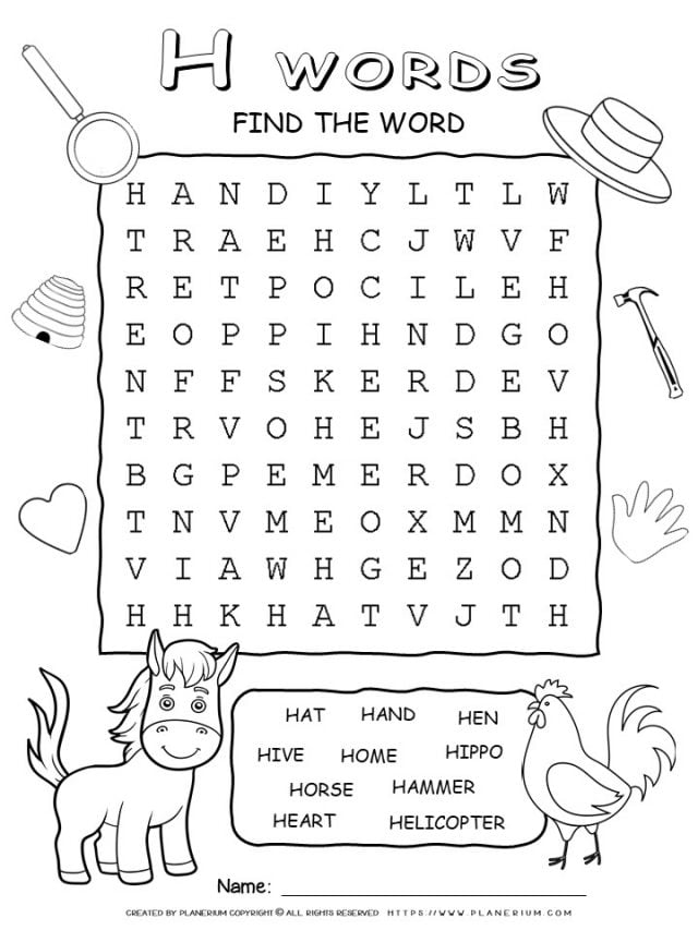 Word Search - Words That Start With H - Ten Words Puzzle | Planerium
