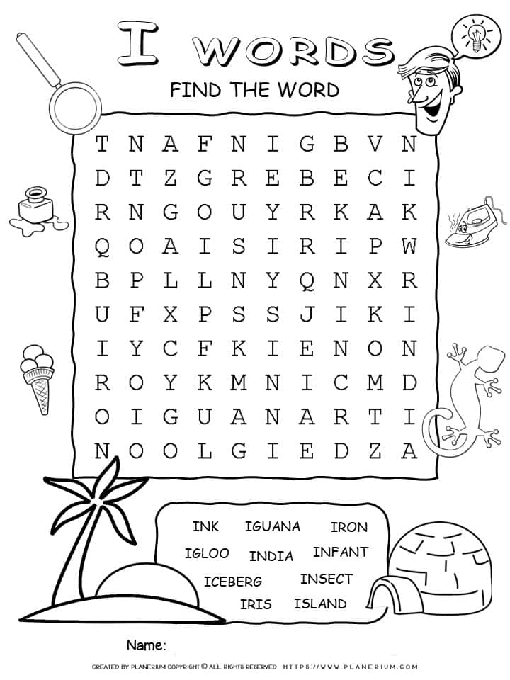 Word Search - Words That Start With I - Ten Words Puzzle | Planerium