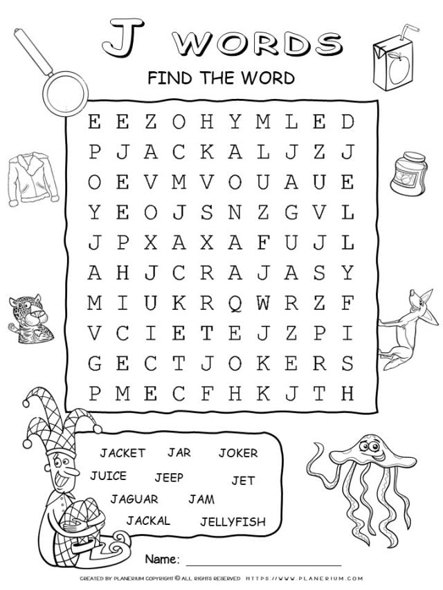 Word Search - Words That Start With J - Ten Words Puzzle | Planerium