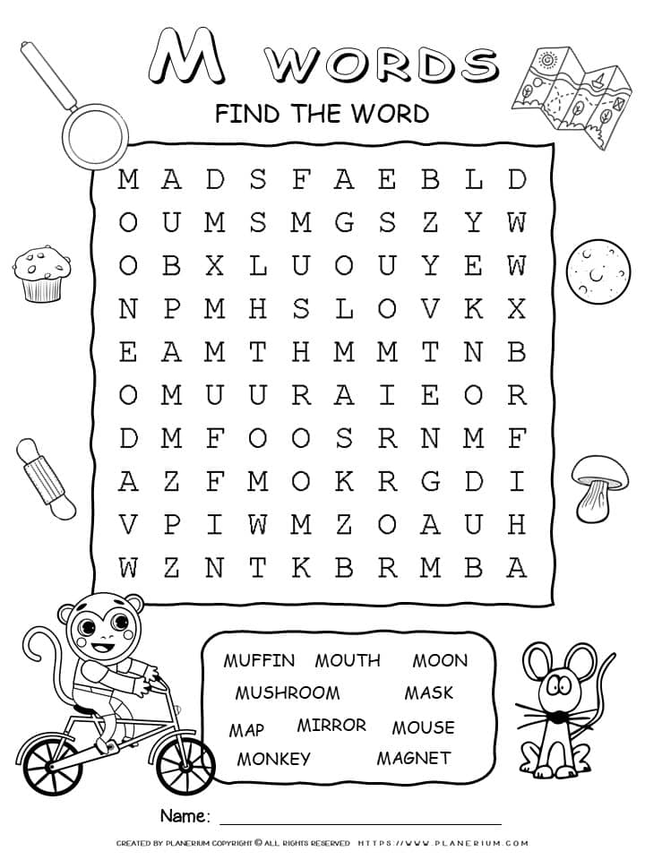 Word Search - Words That Start With M - Ten Words Puzzle | Planerium