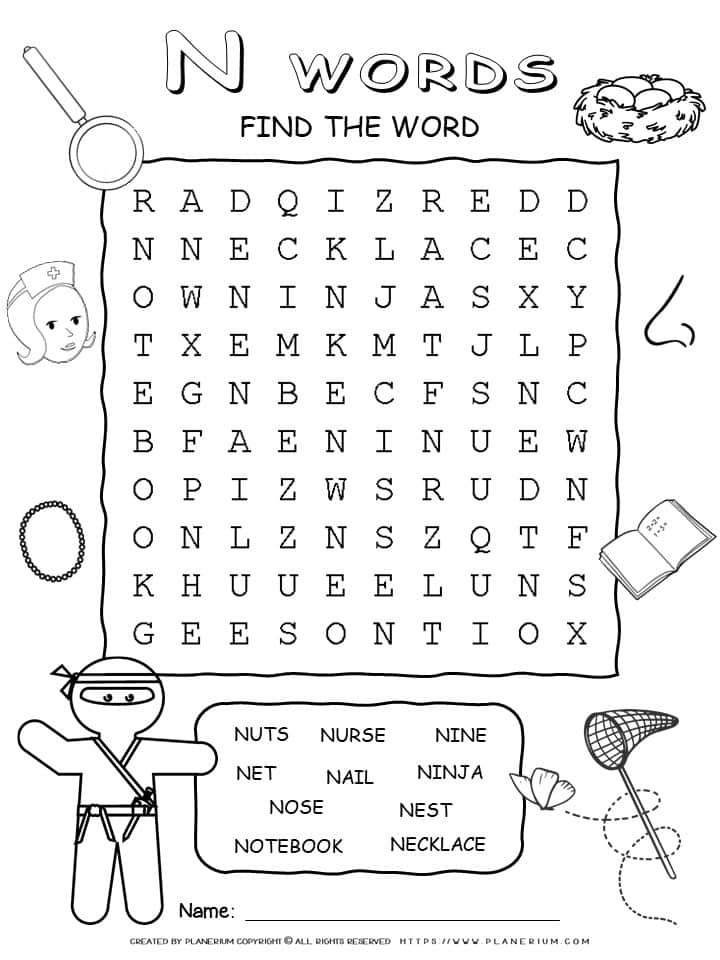 Word Search - Words That Start With N - Ten Words Puzzle | Planerium