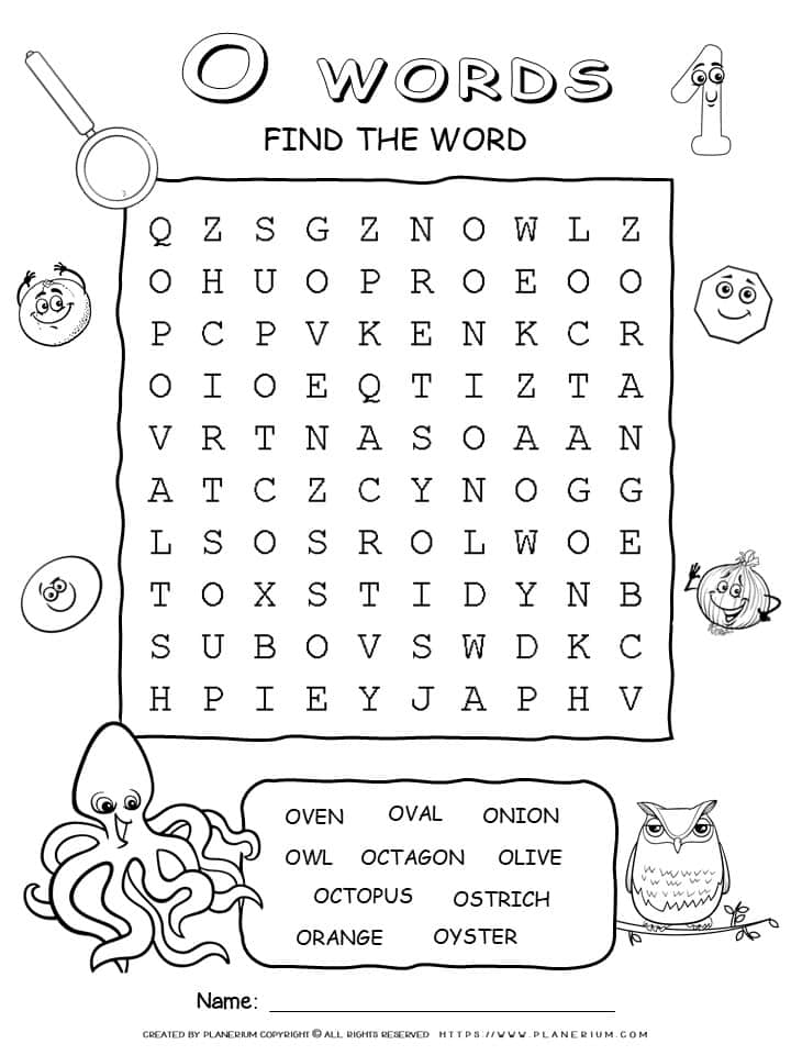 Word Search - Words That Start With O - Ten Words Puzzle | Planerium