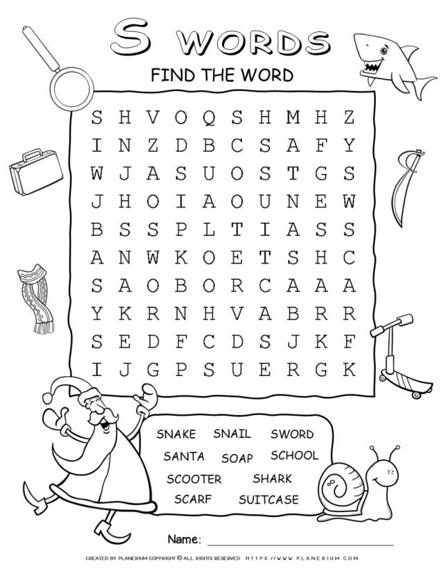 Word Search - Words That Start With S - Ten Words | Planerium