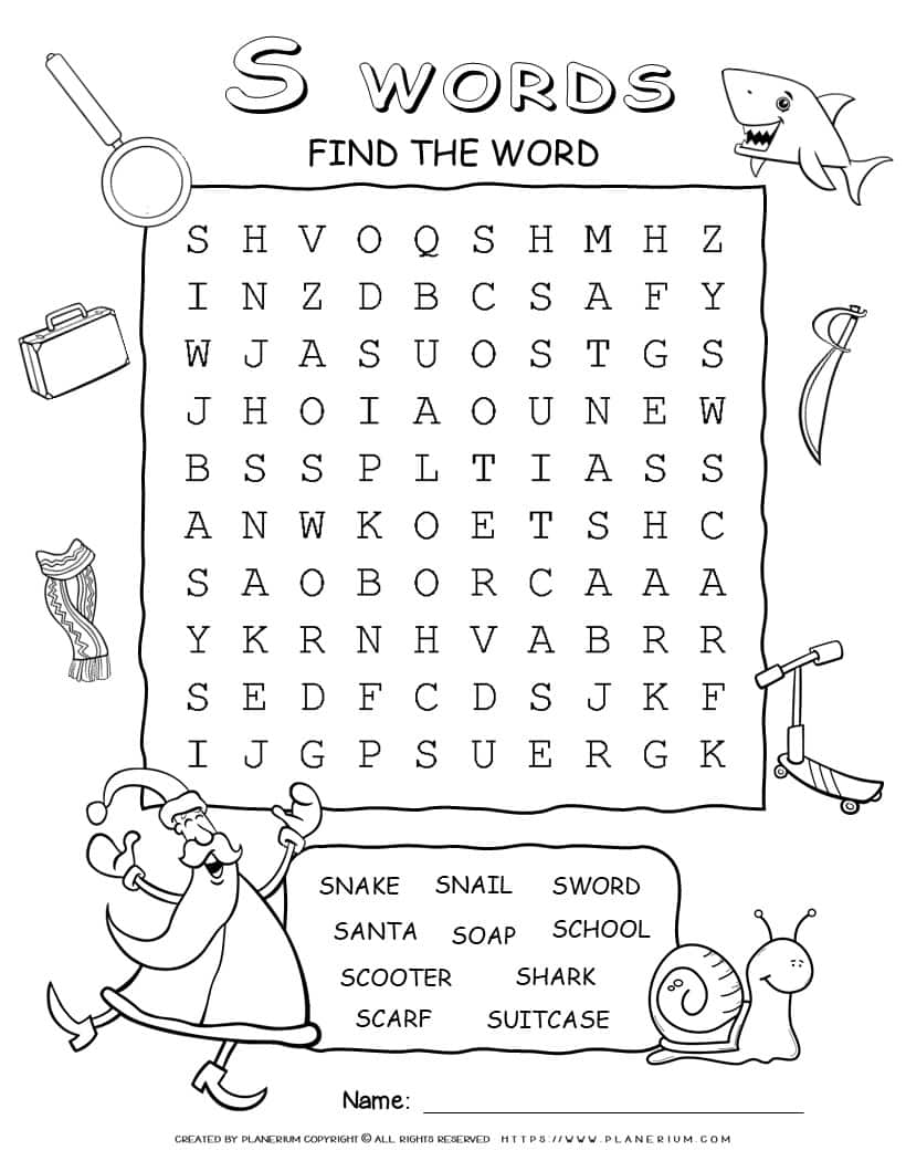 Word Search - Words That Start With S - Ten Words | Planerium