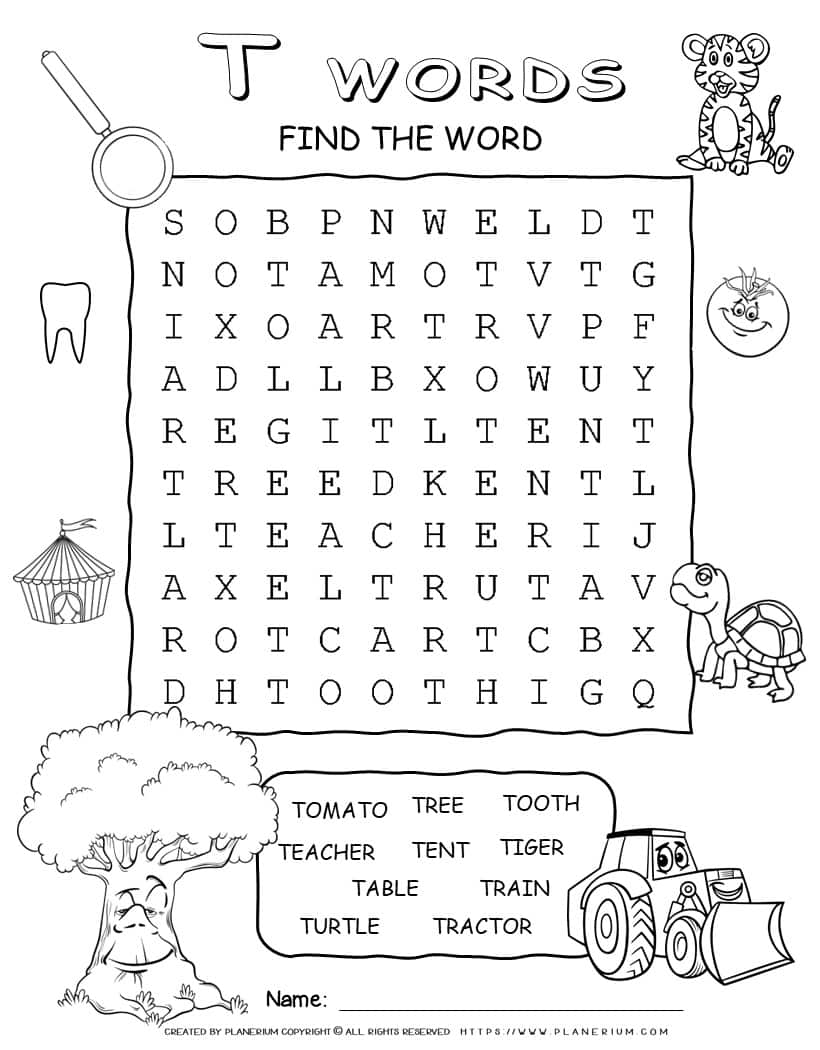 Word Search - Words That Start With T - Ten Words | Planerium