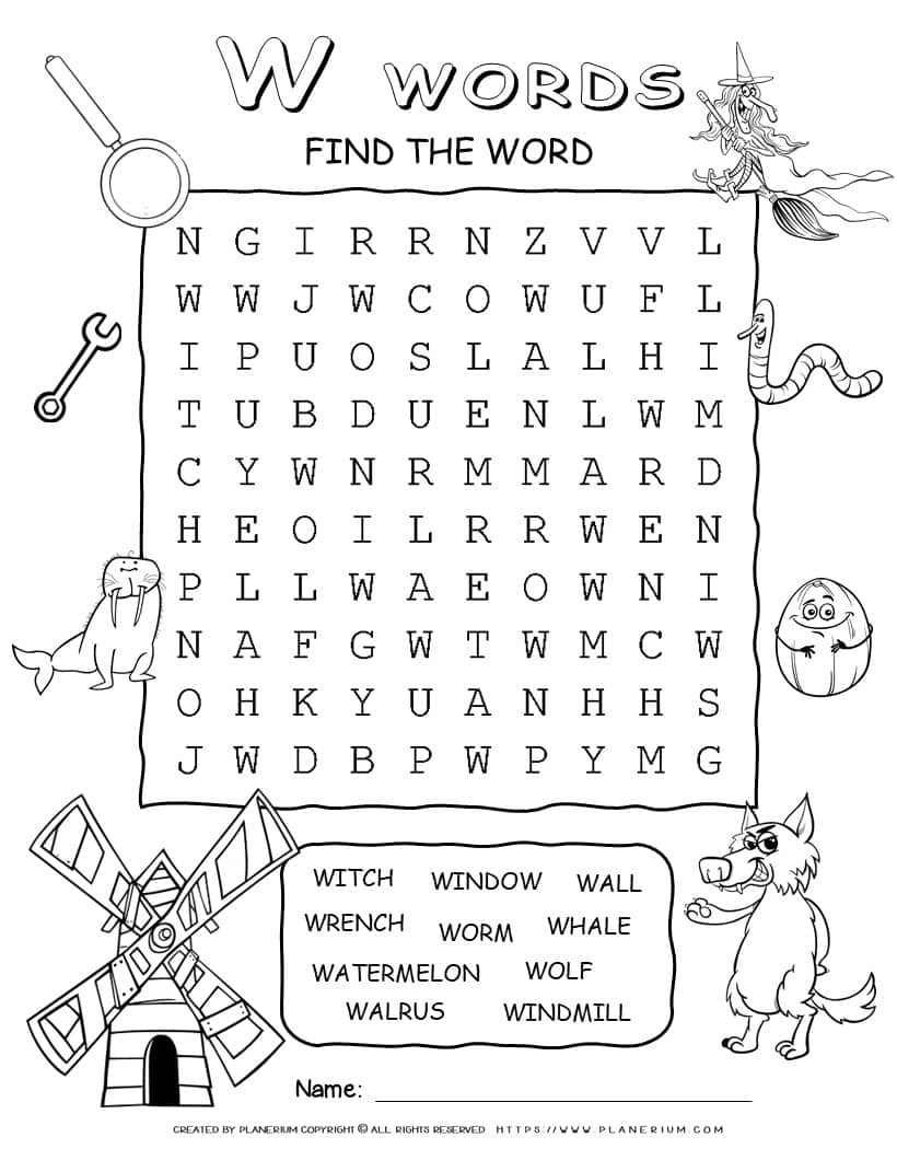 Word Search - Words That Start With W - Ten Words | Planerium
