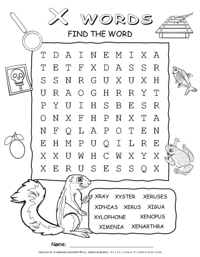 Word Search - Words That Start With X - Ten Words | Planerium
