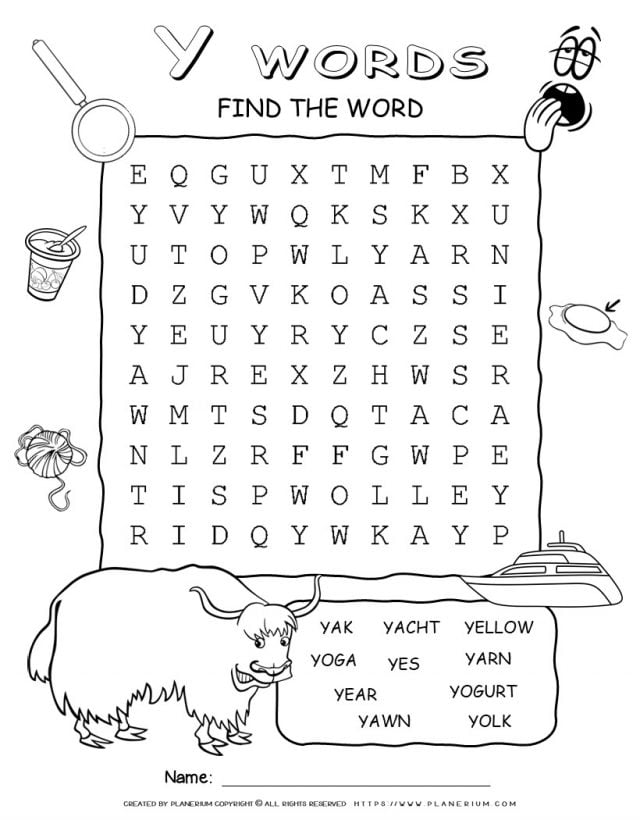 Word Search - Words That Start With Y - Ten Words | Planerium