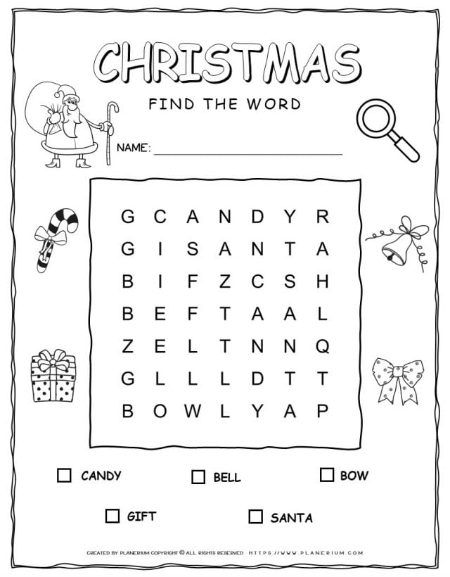 Printable Christmas word search with five words for kids
