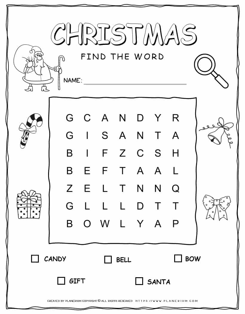 Printable Christmas word search with five words for kids