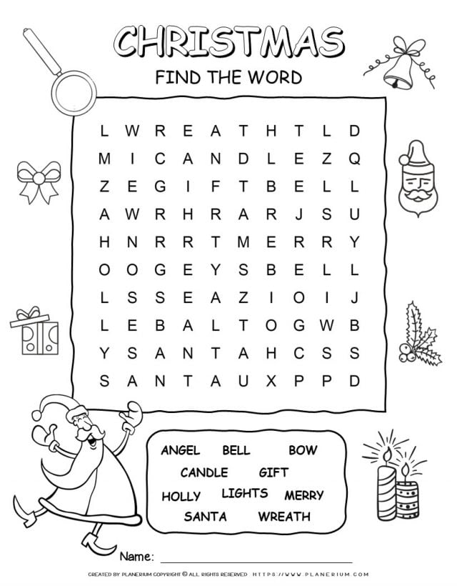 Printable Christmas word search with ten words for kids