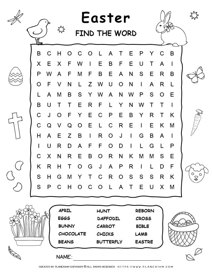 Printable Easter word search with fifteen words for kids