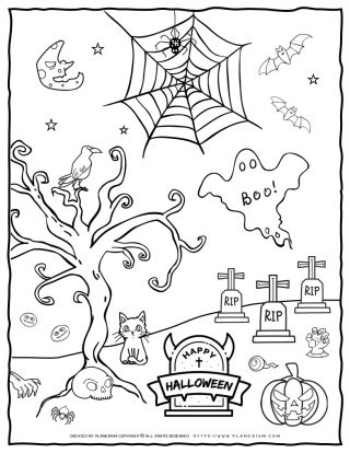 Halloween Coloring Page - Graveyard Scene | Planerium