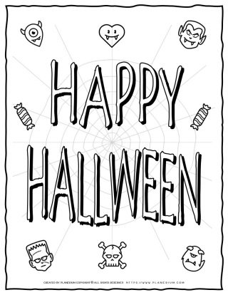 Halloween Coloring Page - Happy Halloween with Characters | Planerium