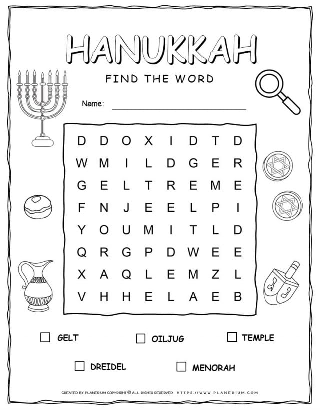 Printable Hanukkah word search with five words for kids