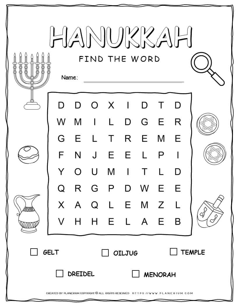 Printable Hanukkah word search with five words for kids