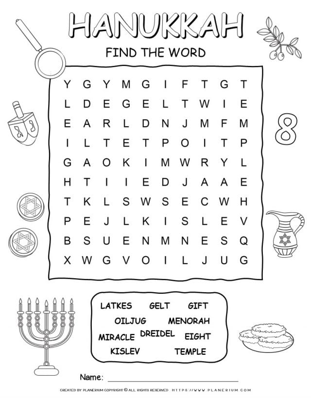 Printable Hanukkah word search with ten words for kids