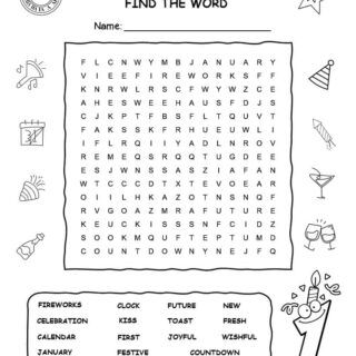 Printable New Year word search with fifteen words for kids