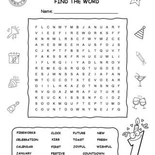 Printable New Year word search with fifteen words for kids