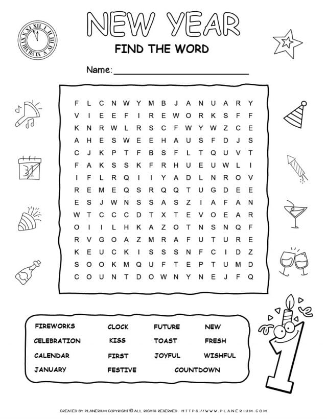 Printable New Year word search with fifteen words for kids