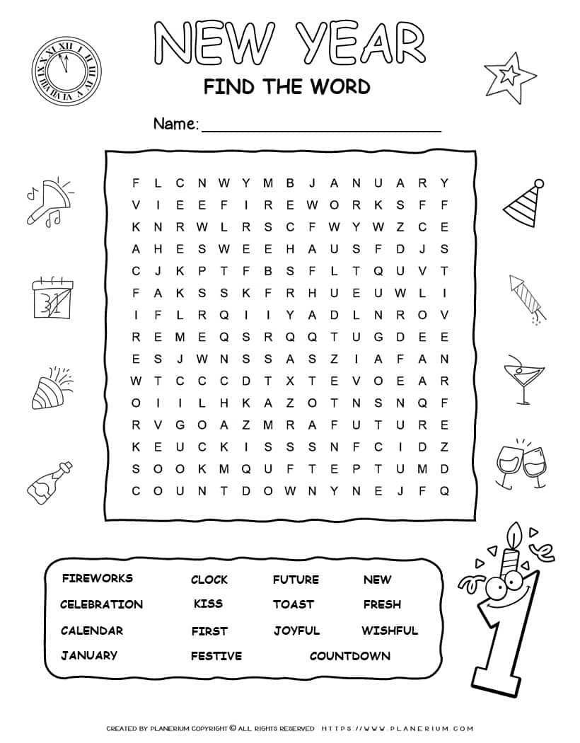 Printable New Year word search with fifteen words for kids