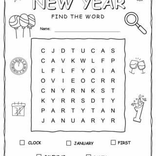 Printable New Year word search with five words for kids