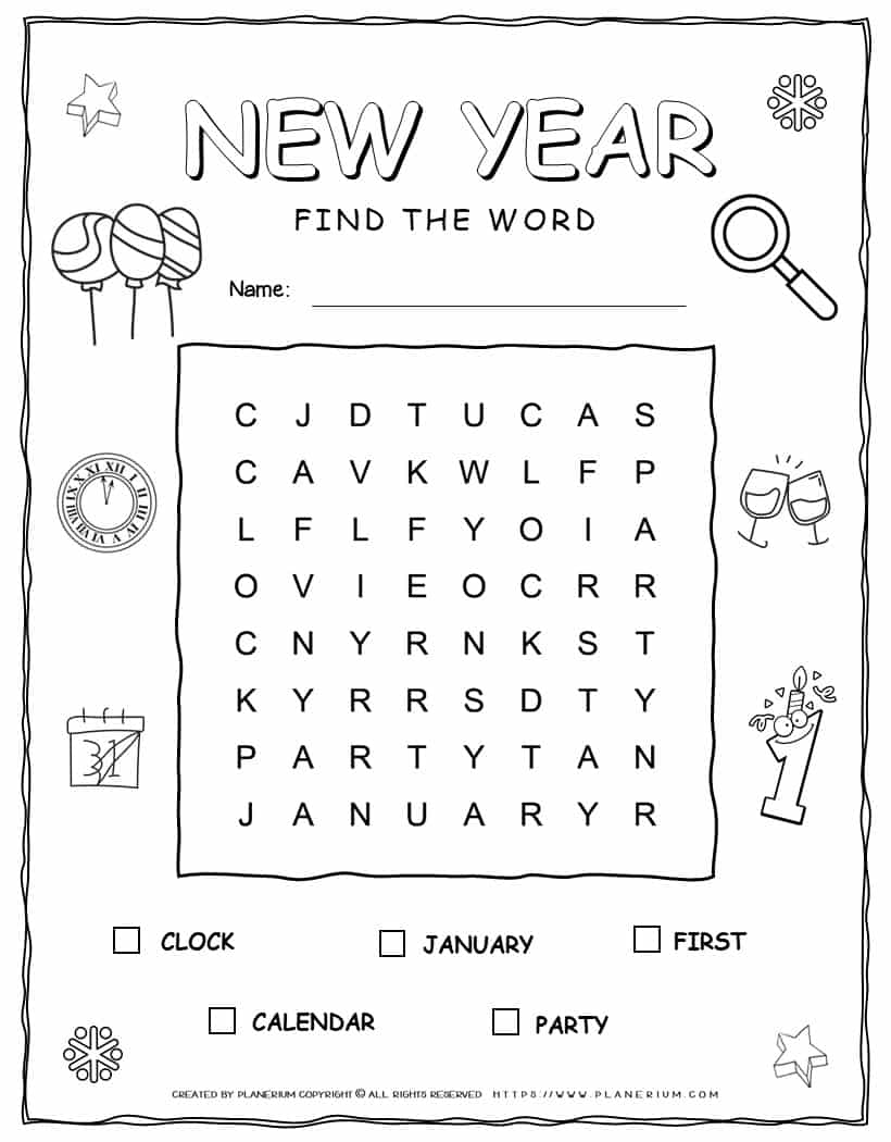 Printable New Year word search with five words for kids