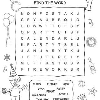 Printable New Year word search with ten words for kids