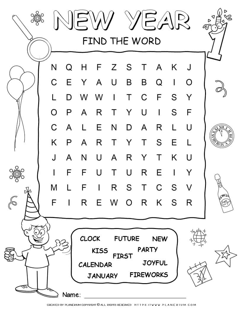 Printable New Year word search with ten words for kids