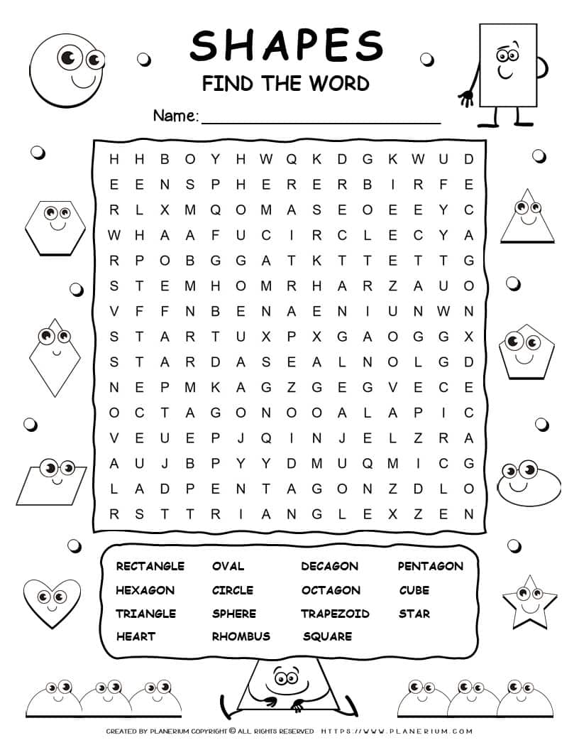 Printable shapes word search with fifteen words for kids