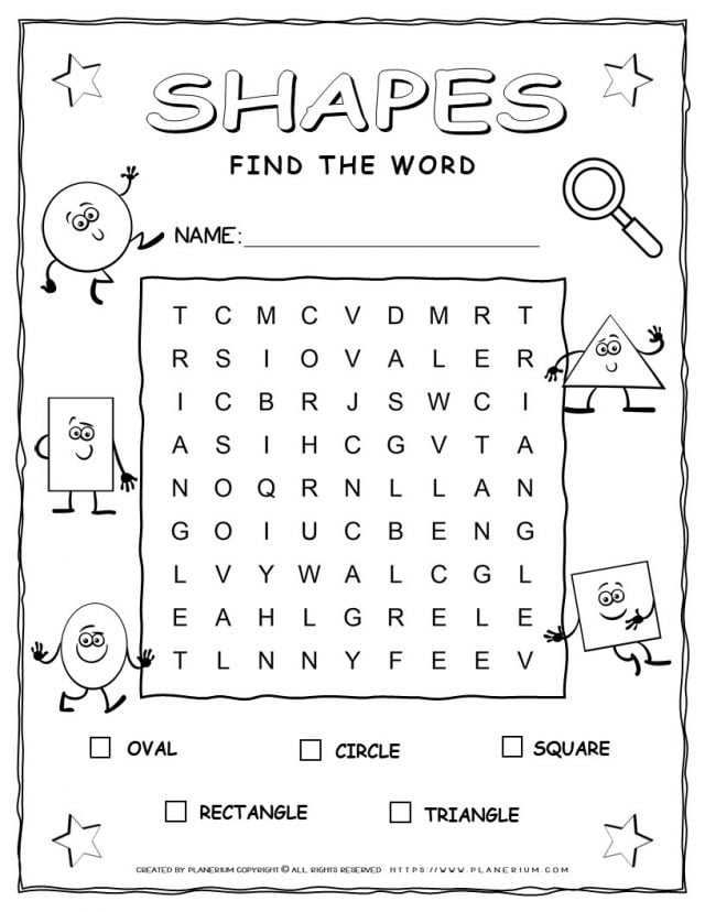 Printable shapes word search with five words for kids