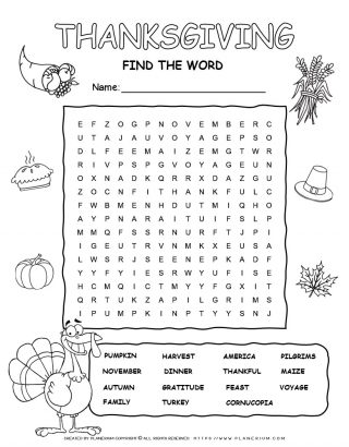 Thanksgiving Word Search with Fifteen Words | Planerium