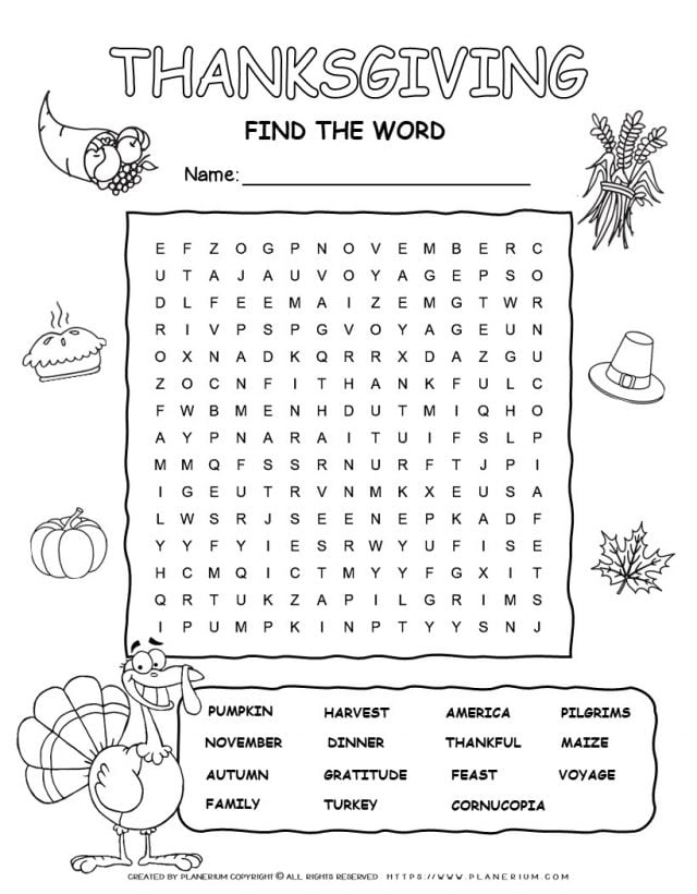 Printable Thanksgiving word search with fifteen words for kids