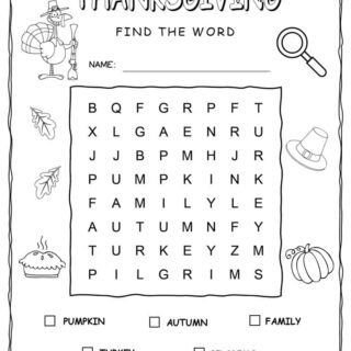 Printable Thanksgiving word search with five words for kids