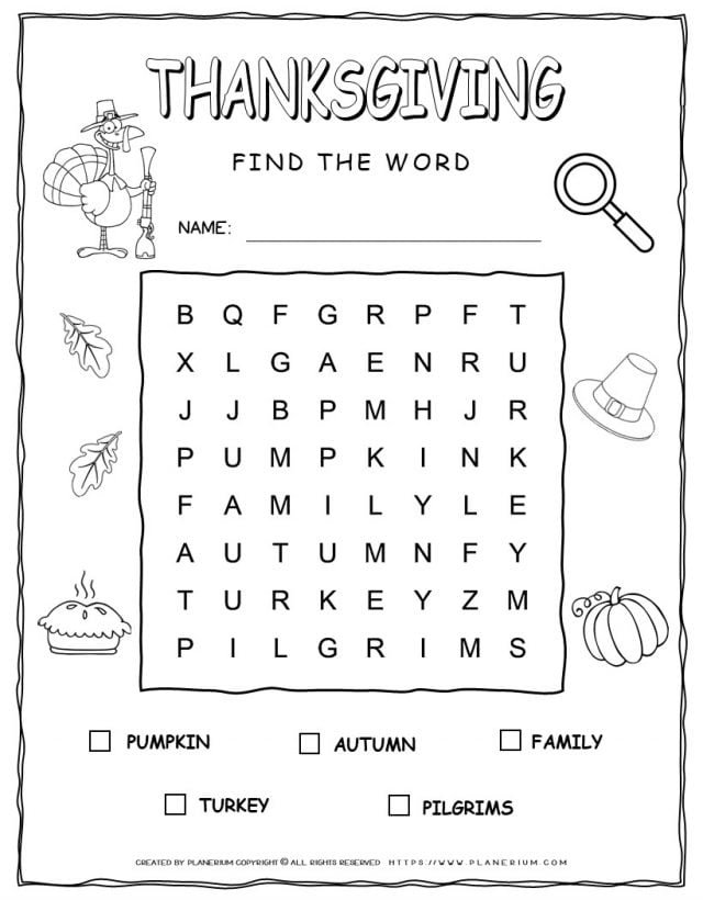 Printable Thanksgiving word search with five words for kids