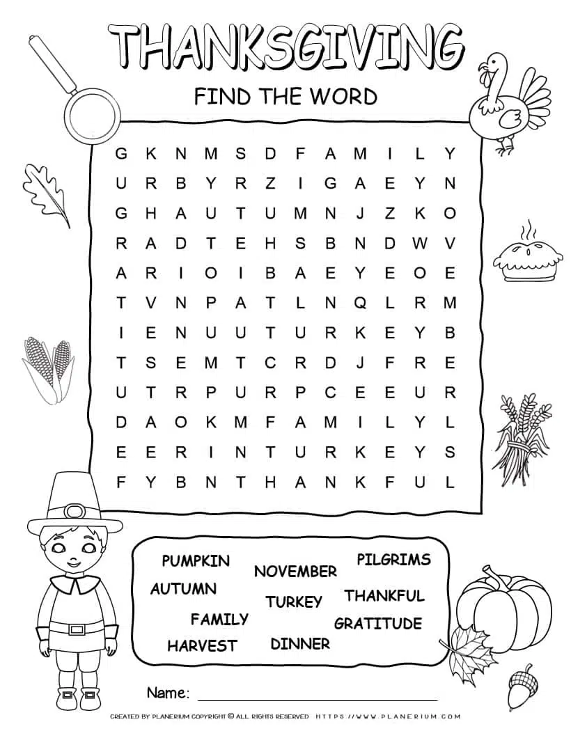 Printable Thanksgiving word search with ten words for kids