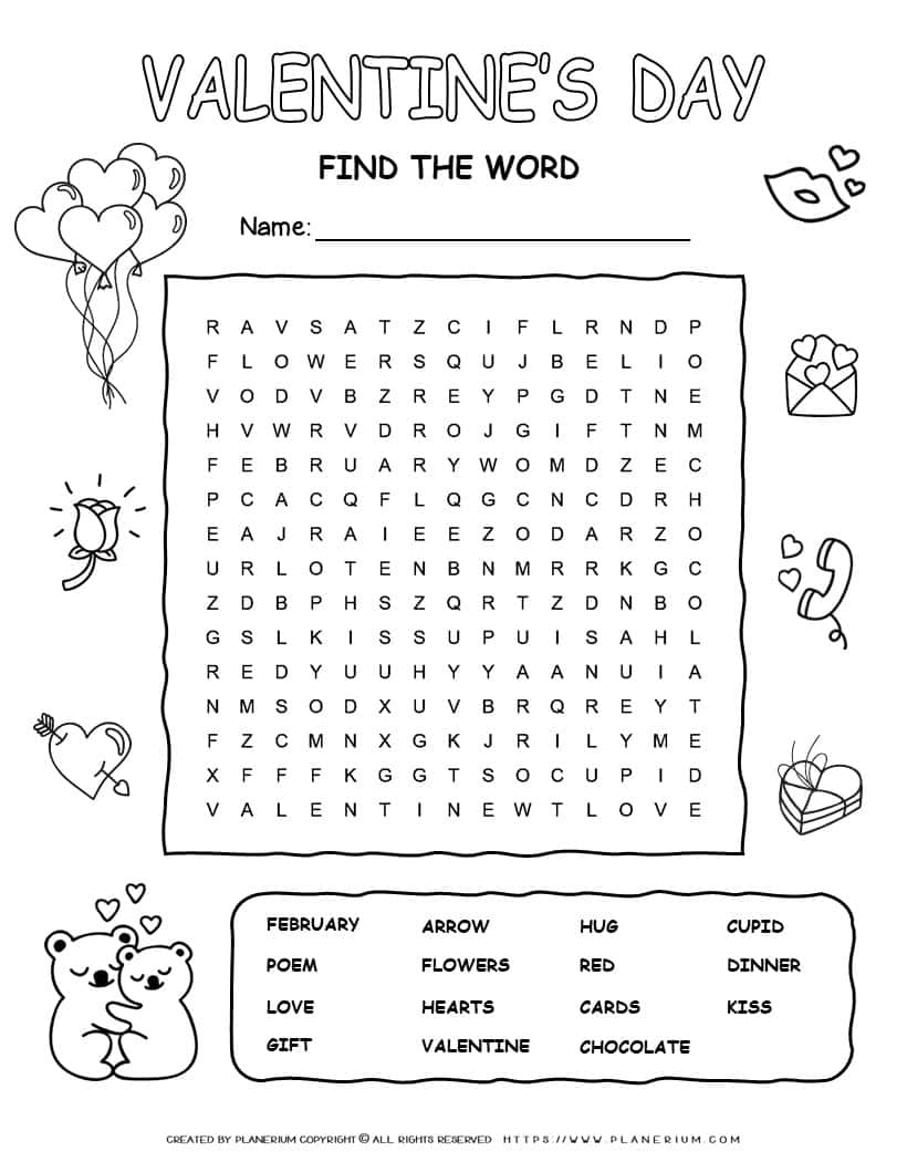 Printable Valentine's word search with fifteen words for kids