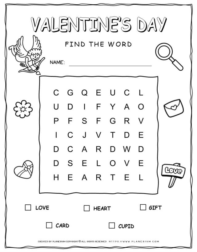 Printable Valentine's word search with five words for kids