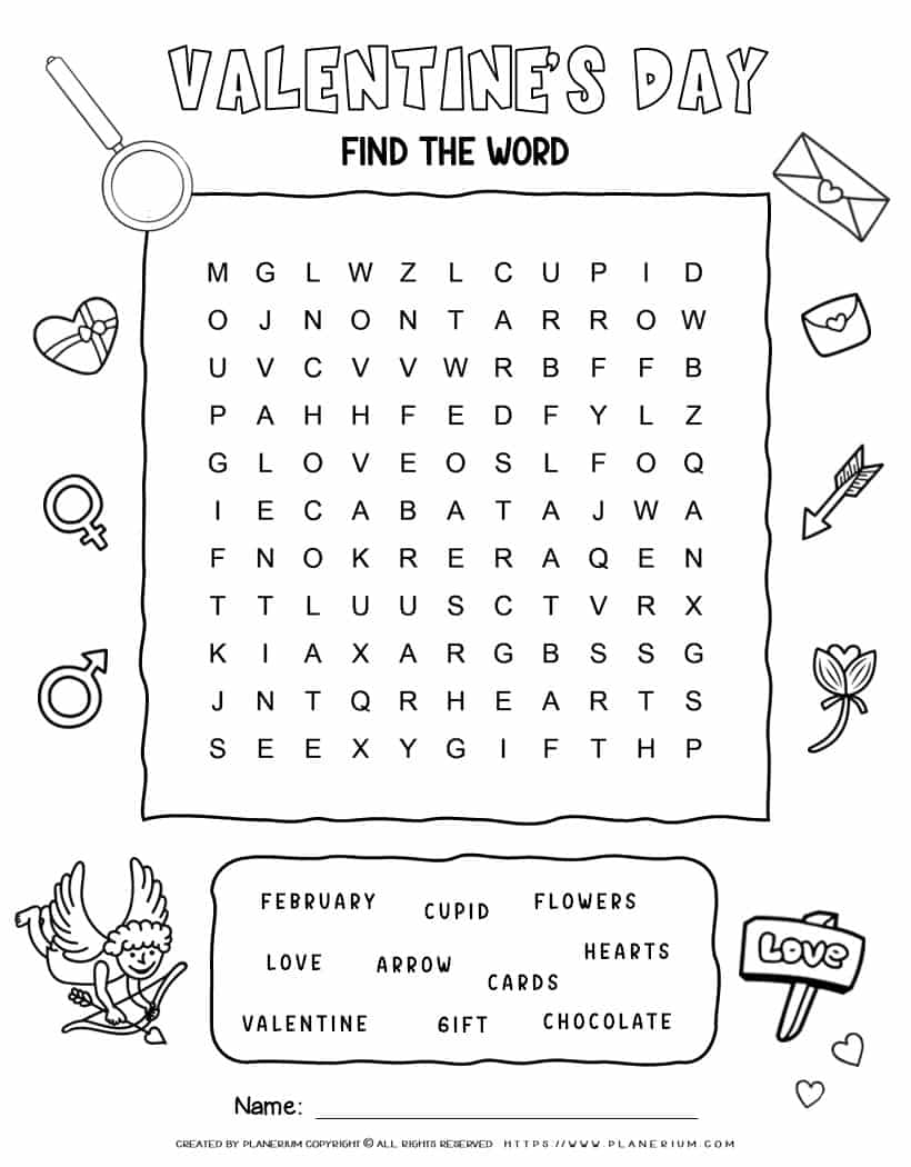 Printable Valentine's word search with ten words for kids