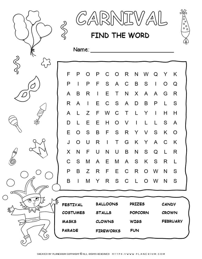 Printable Carnival word search with fifteen words for kids