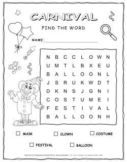 Printable Carnival word search with five words for kids
