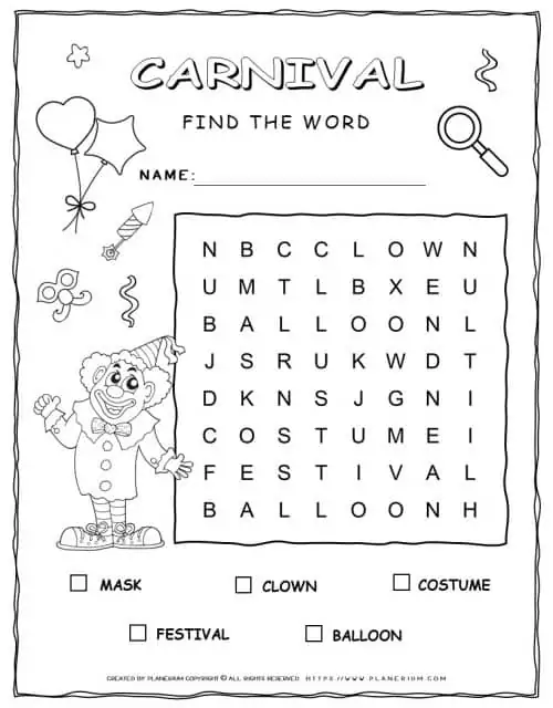 Carnival Word Search with Five Words | Planerium