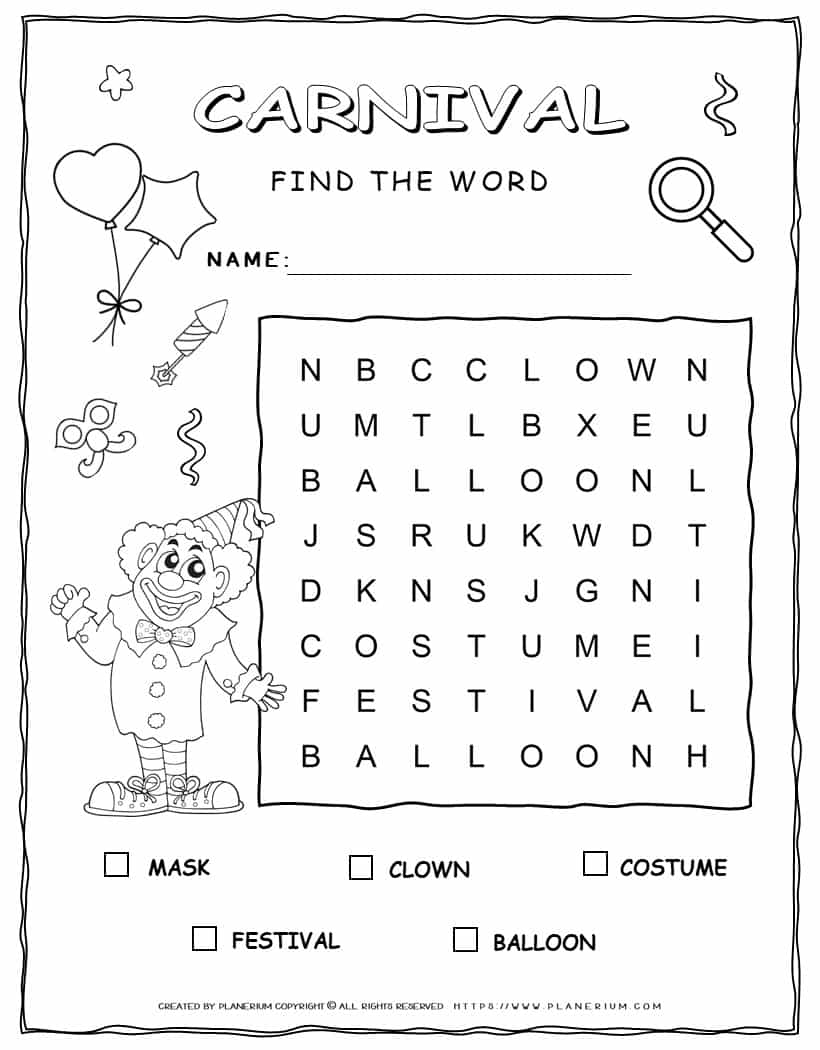 Printable Carnival word search with five words for kids