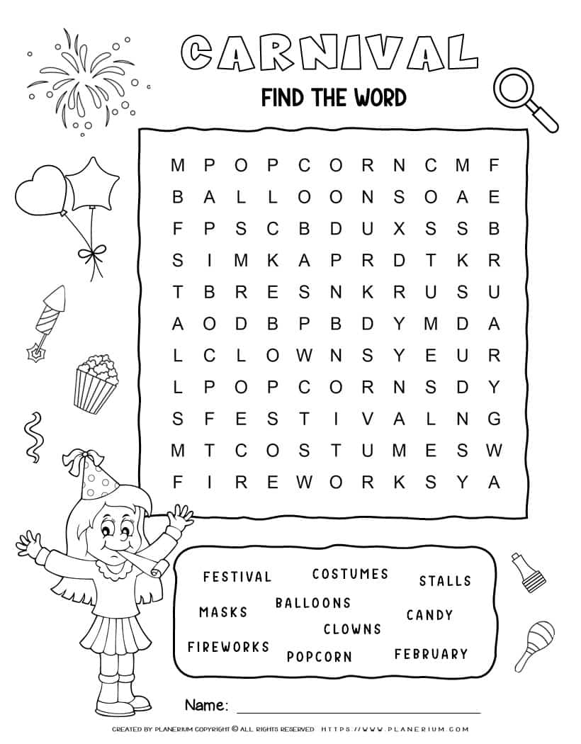 Printable Carnival word search with ten words for kids
