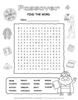 Printable Passover word search with fifteen words for kids