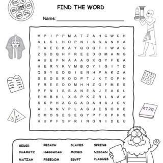 Printable Passover word search with fifteen words for kids