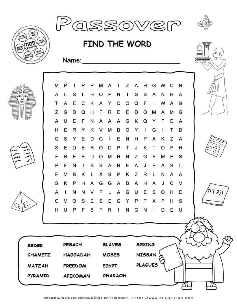 Printable Passover word search with fifteen words for kids