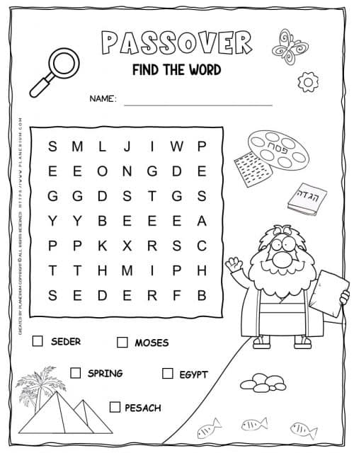 Printable Passover word search with five words for kids